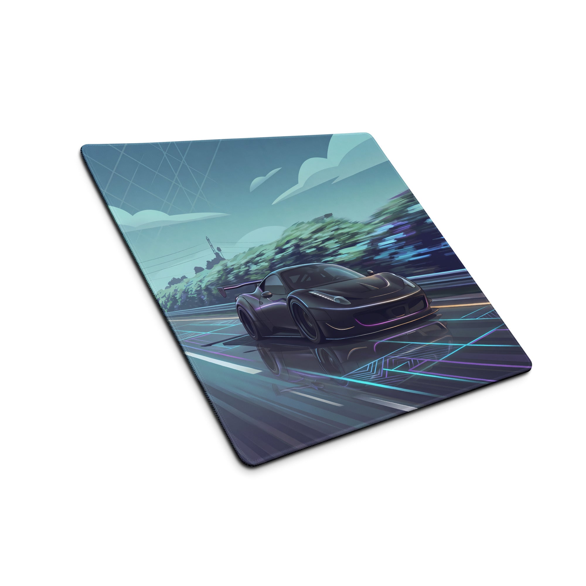 Ferrari 458 GT3 Inspired Matte Black Vaporwave Gaming Mouse Pad – Neon Highway Desk Mat, Futuristic Synthwave Racing Supercar Digital Art