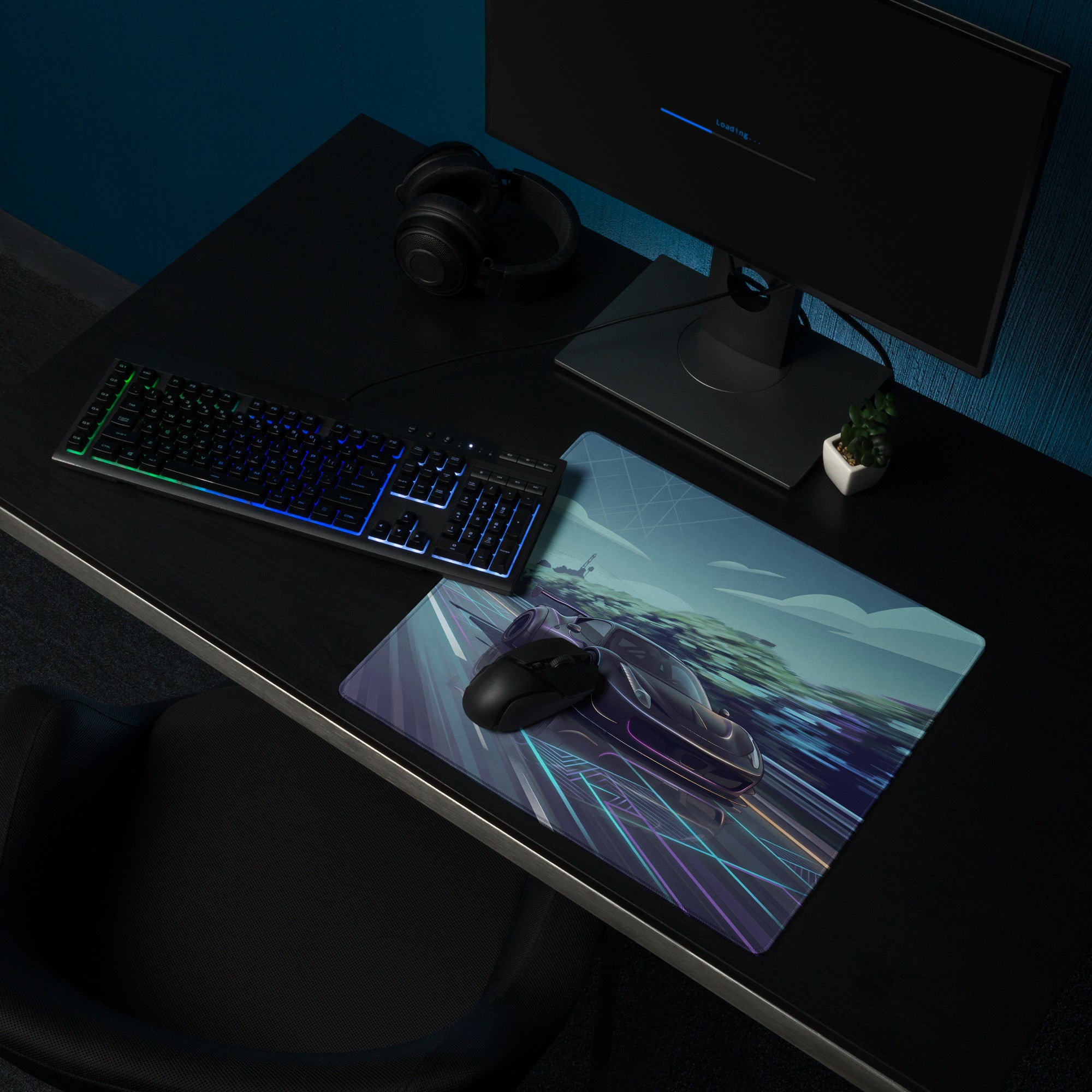 Ferrari 458 GT3 Inspired Matte Black Vaporwave Gaming Mouse Pad – Neon Highway Desk Mat, Futuristic Synthwave Racing Supercar Digital Art