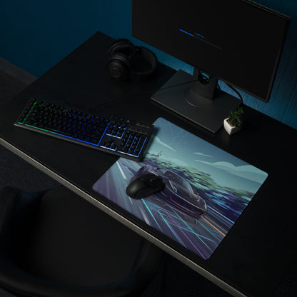 Ferrari 458 GT3 Inspired Matte Black Vaporwave Gaming Mouse Pad – Neon Highway Desk Mat, Futuristic Synthwave Racing Supercar Digital Art