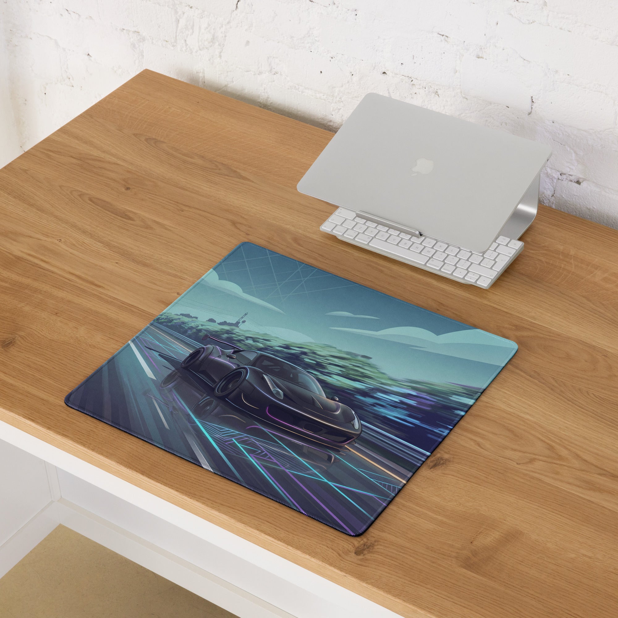 Ferrari 458 GT3 Inspired Matte Black Vaporwave Gaming Mouse Pad – Neon Highway Desk Mat, Futuristic Synthwave Racing Supercar Digital Art
