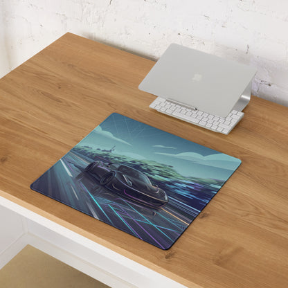 Ferrari 458 GT3 Inspired Matte Black Vaporwave Gaming Mouse Pad – Neon Highway Desk Mat, Futuristic Synthwave Racing Supercar Digital Art