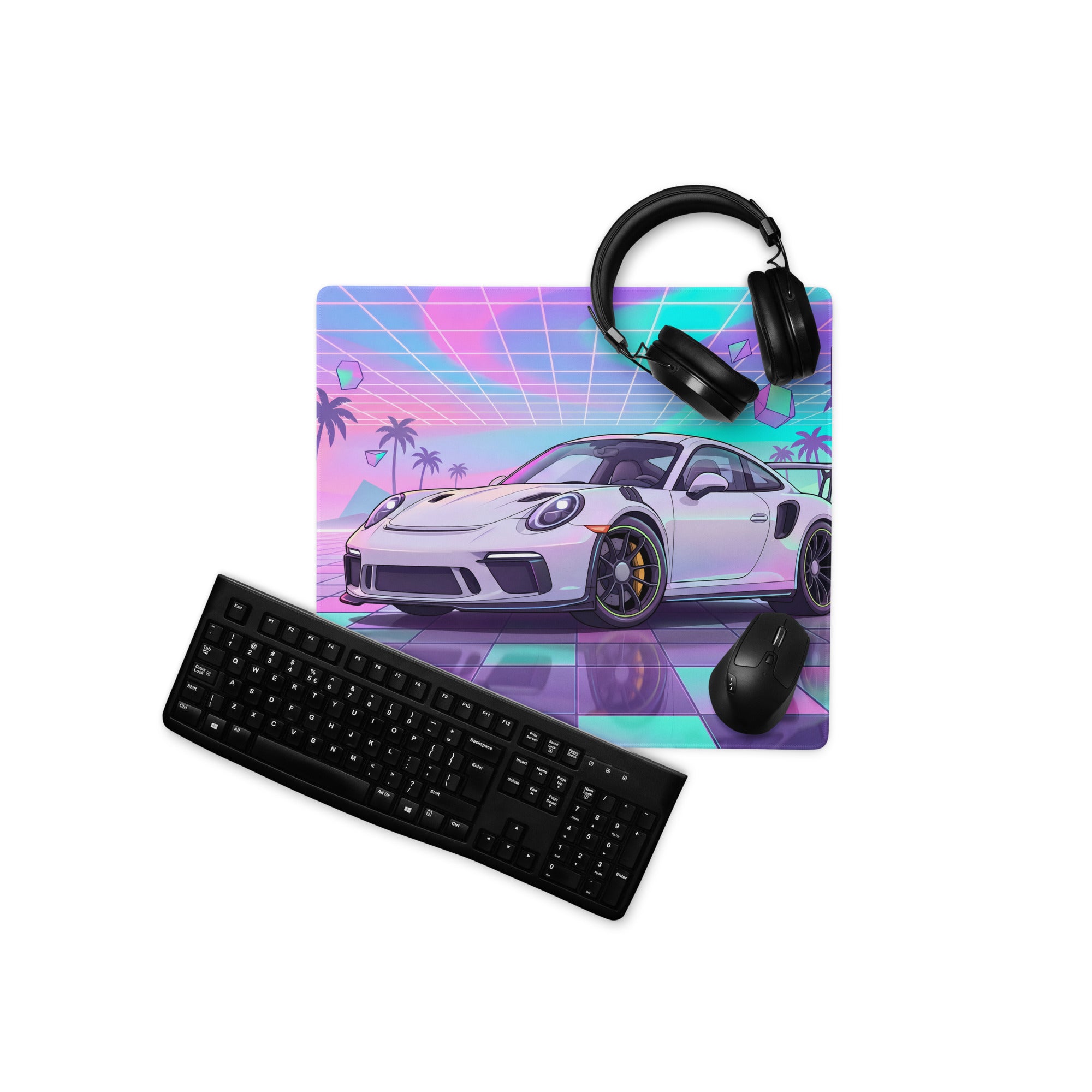 Porsche 911 GT3 RS Inspired White Vaporwave Gaming Mouse Pad – Pastel Neon Palm Grid Desk Mat, Retro Futuristic Synthwave Sports Car Digital Art