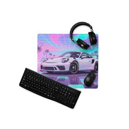 Porsche 911 GT3 RS Inspired White Vaporwave Gaming Mouse Pad – Pastel Neon Palm Grid Desk Mat, Retro Futuristic Synthwave Sports Car Digital Art