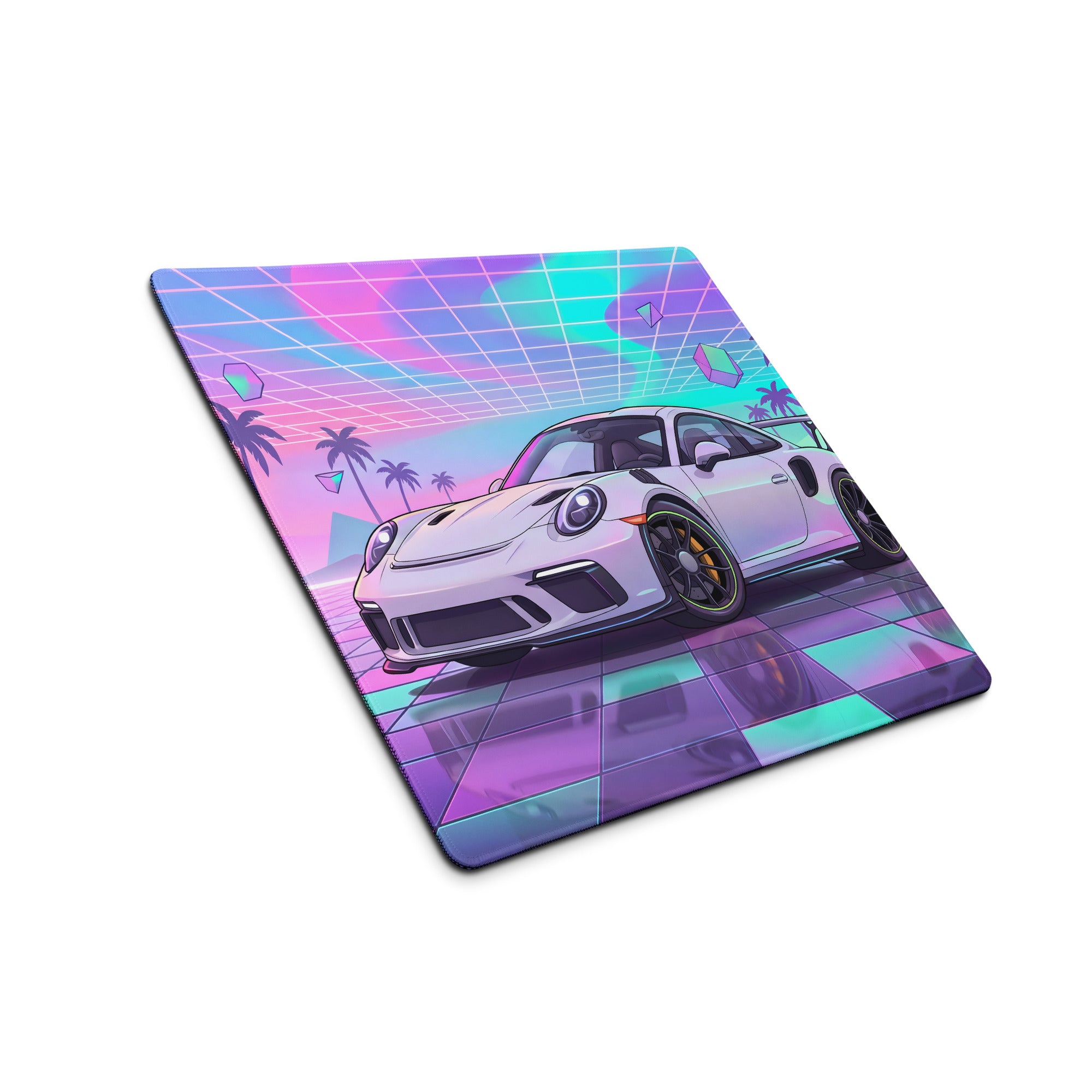 Porsche 911 GT3 RS Inspired White Vaporwave Gaming Mouse Pad – Pastel Neon Palm Grid Desk Mat, Retro Futuristic Synthwave Sports Car Digital Art