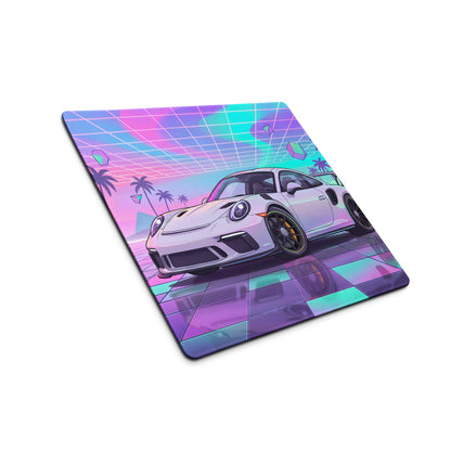 Porsche 911 GT3 RS Inspired White Vaporwave Gaming Mouse Pad – Pastel Neon Palm Grid Desk Mat, Retro Futuristic Synthwave Sports Car Digital Art