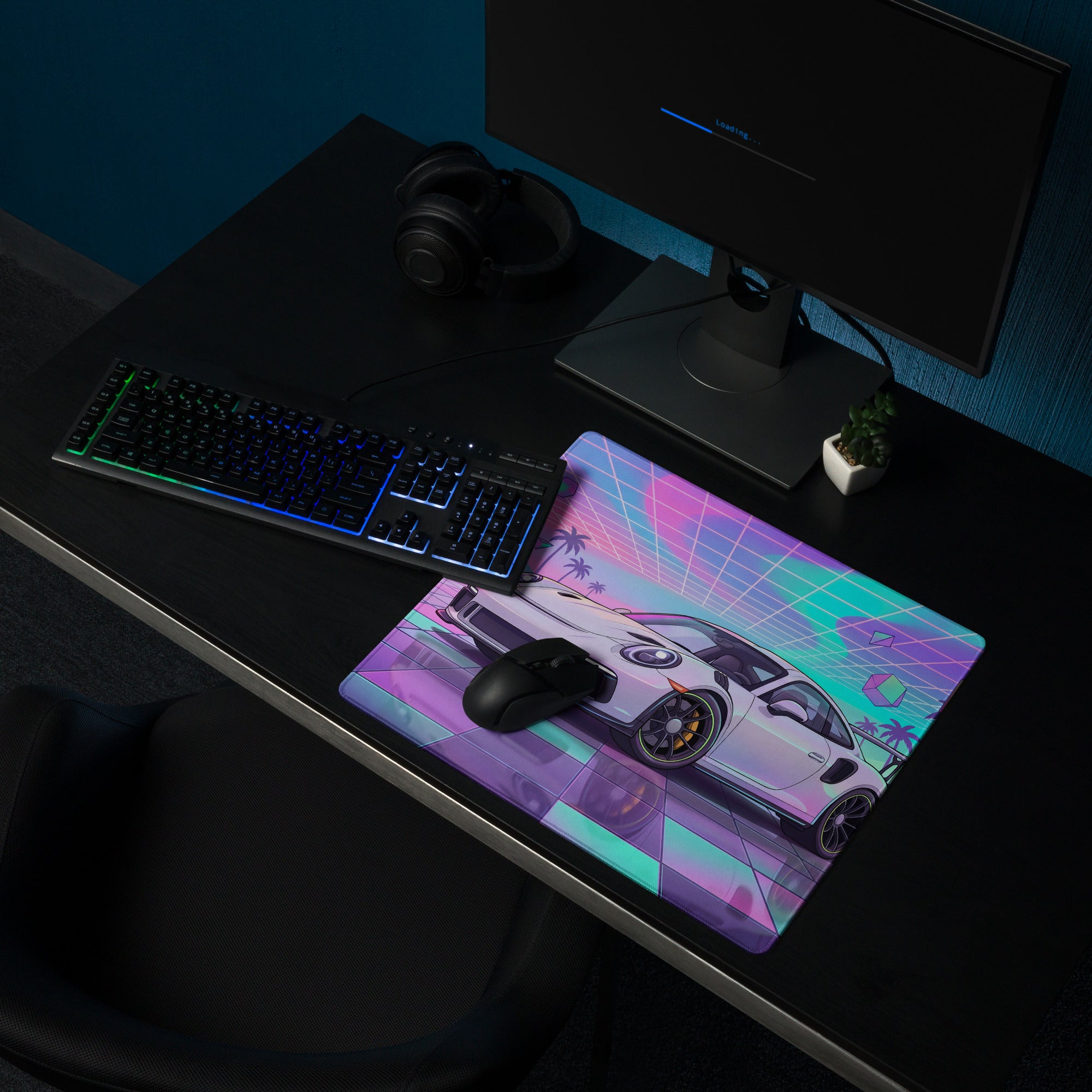 Porsche 911 GT3 RS Inspired White Vaporwave Gaming Mouse Pad – Pastel Neon Palm Grid Desk Mat, Retro Futuristic Synthwave Sports Car Digital Art