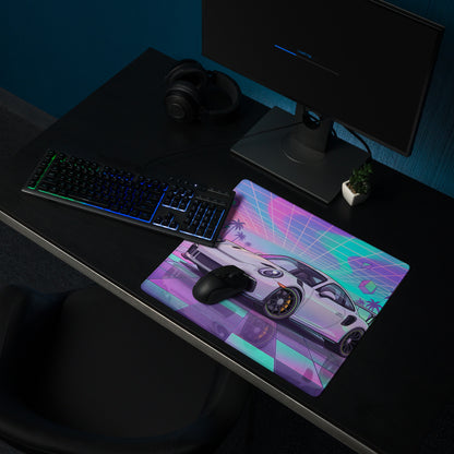 Porsche 911 GT3 RS Inspired White Vaporwave Gaming Mouse Pad – Pastel Neon Palm Grid Desk Mat, Retro Futuristic Synthwave Sports Car Digital Art
