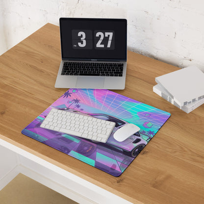 Porsche 911 GT3 RS Inspired White Vaporwave Gaming Mouse Pad – Pastel Neon Palm Grid Desk Mat, Retro Futuristic Synthwave Sports Car Digital Art