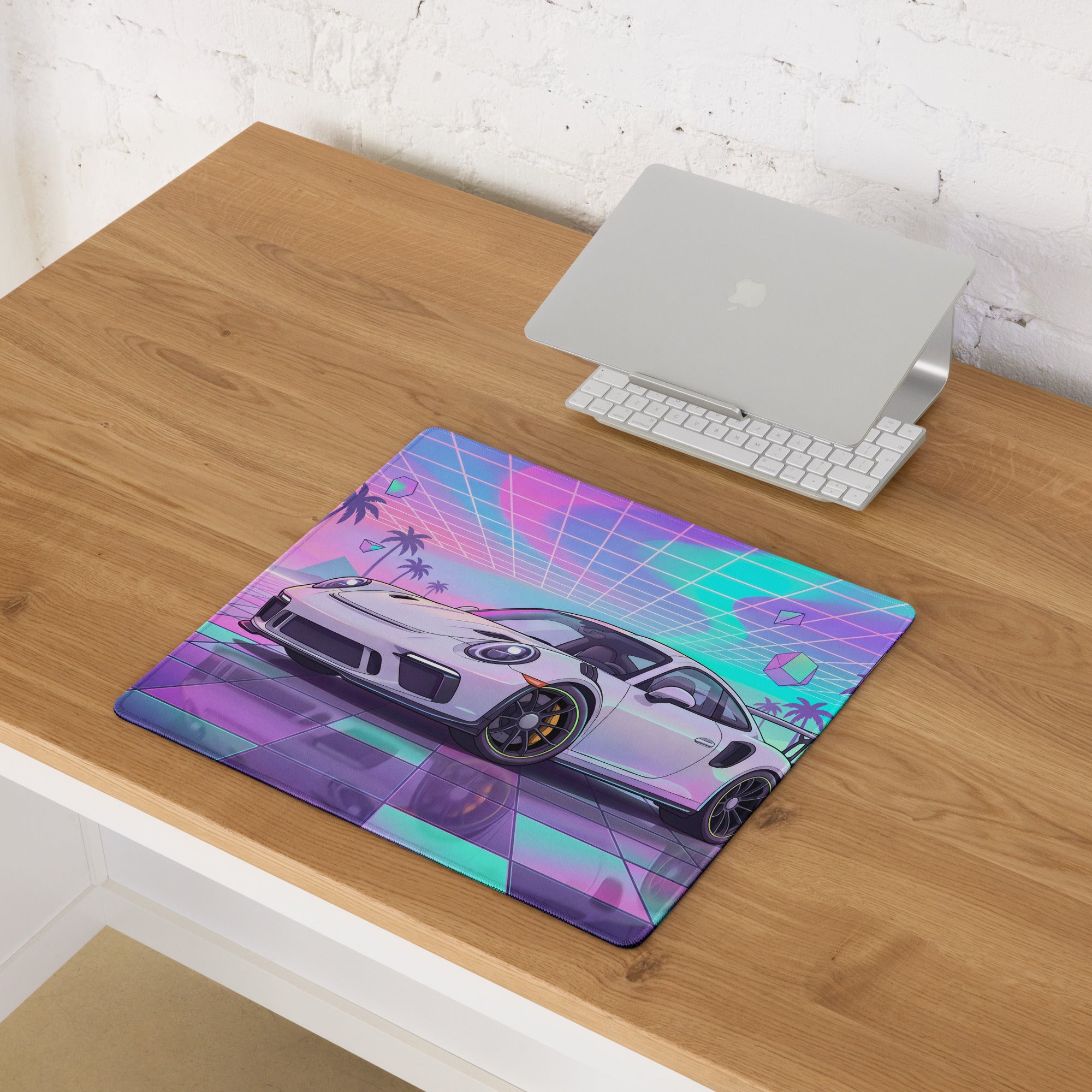 Porsche 911 GT3 RS Inspired White Vaporwave Gaming Mouse Pad – Pastel Neon Palm Grid Desk Mat, Retro Futuristic Synthwave Sports Car Digital Art