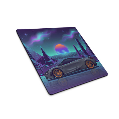 McLaren 765LT Inspired Slate Gray Vaporwave Gaming Mouse Pad – Neon Pyramid Desert Desk Mat, Retro Futuristic Synthwave Supercar Digital Art