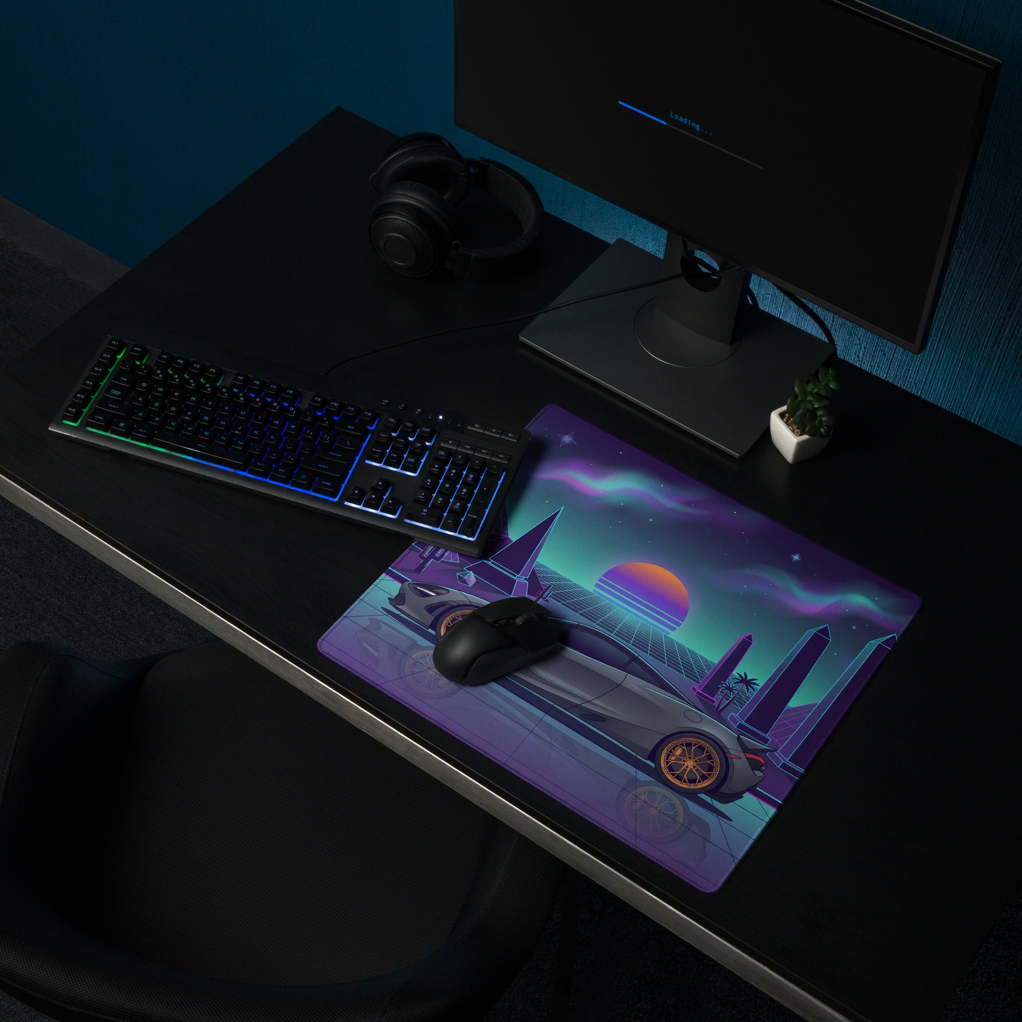 McLaren 765LT Inspired Slate Gray Vaporwave Gaming Mouse Pad – Neon Pyramid Desert Desk Mat, Retro Futuristic Synthwave Supercar Digital Art