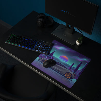 McLaren 765LT Inspired Slate Gray Vaporwave Gaming Mouse Pad – Neon Pyramid Desert Desk Mat, Retro Futuristic Synthwave Supercar Digital Art