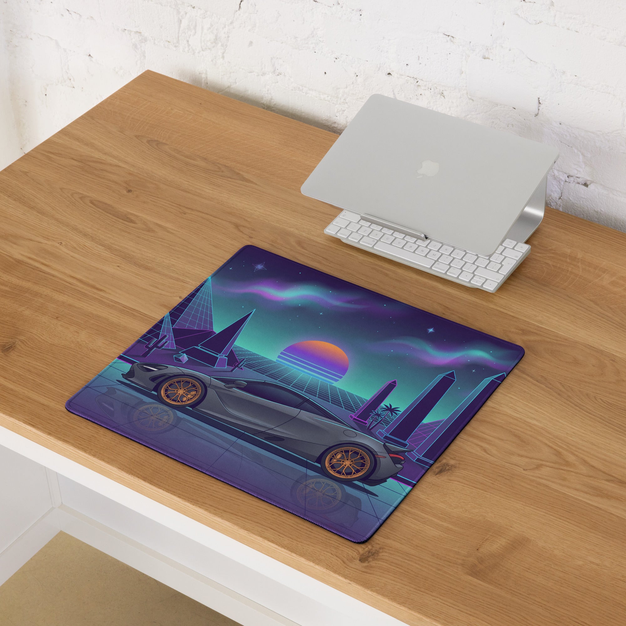 McLaren 765LT Inspired Slate Gray Vaporwave Gaming Mouse Pad – Neon Pyramid Desert Desk Mat, Retro Futuristic Synthwave Supercar Digital Art