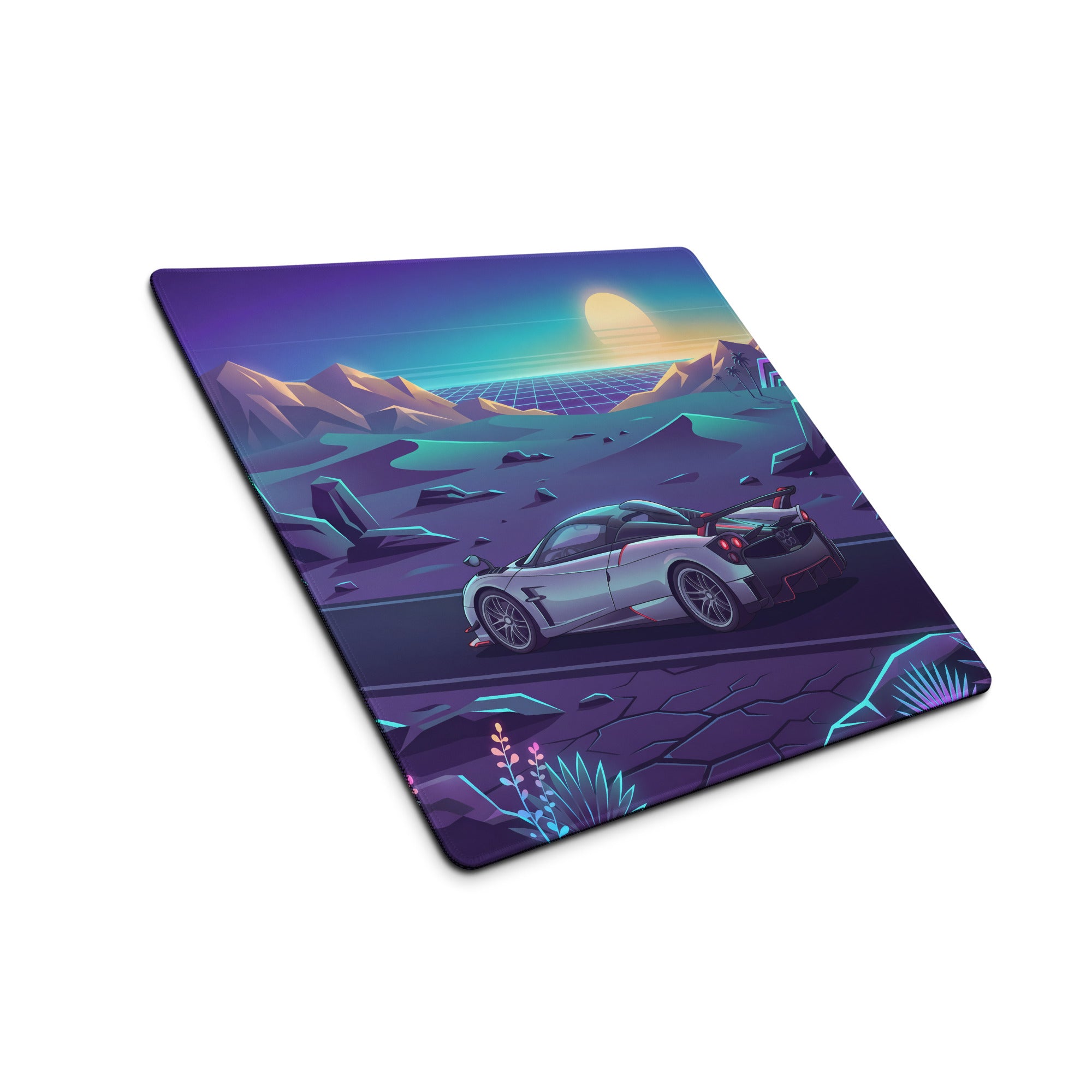 Pagani Huayra Roadster BC Inspired Silver Vaporwave Gaming Mouse Pad – Neon Desert Sunset Desk Mat, Retro Futuristic Synthwave Hypercar Digital Art