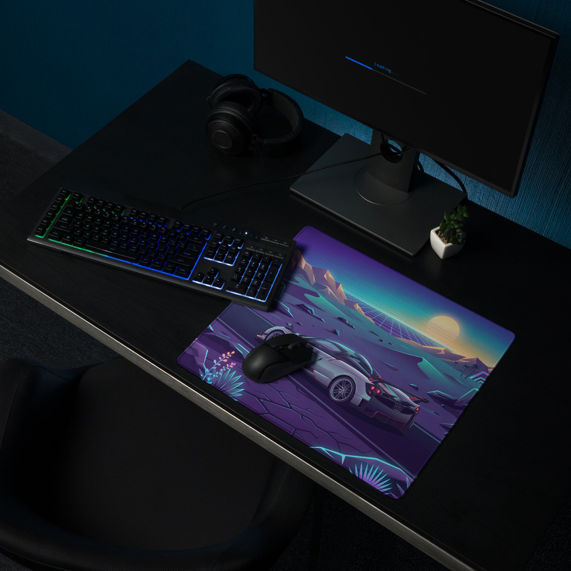 Pagani Huayra Roadster BC Inspired Silver Vaporwave Gaming Mouse Pad – Neon Desert Sunset Desk Mat, Retro Futuristic Synthwave Hypercar Digital Art