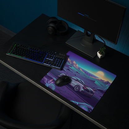 Pagani Huayra Roadster BC Inspired Silver Vaporwave Gaming Mouse Pad – Neon Desert Sunset Desk Mat, Retro Futuristic Synthwave Hypercar Digital Art