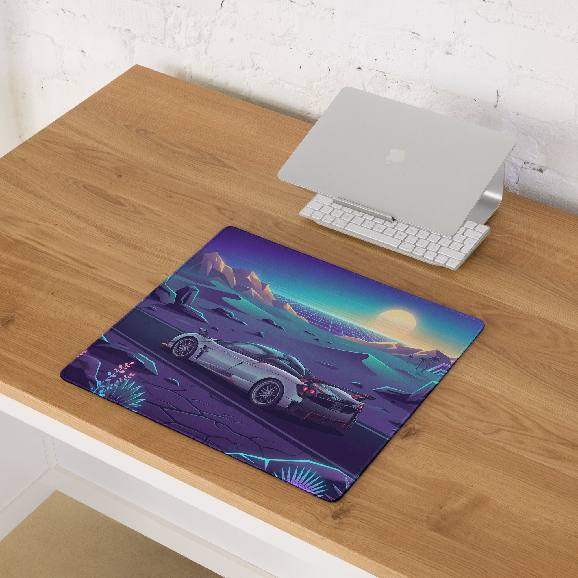 Pagani Huayra Roadster BC Inspired Silver Vaporwave Gaming Mouse Pad – Neon Desert Sunset Desk Mat, Retro Futuristic Synthwave Hypercar Digital Art