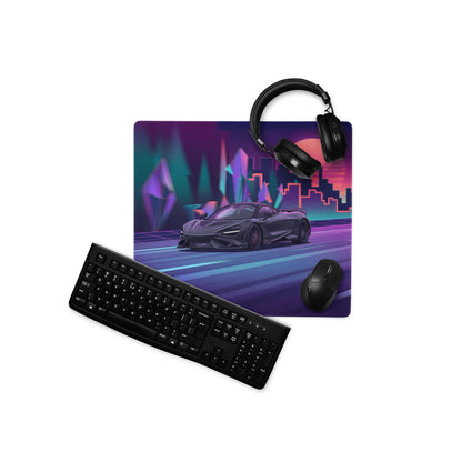 McLaren 765LT Inspired Purple Vaporwave Gaming Mouse Pad – Neon Sunset City Desk Mat, Retro Futuristic Supercar Digital Art with Crystal Forest