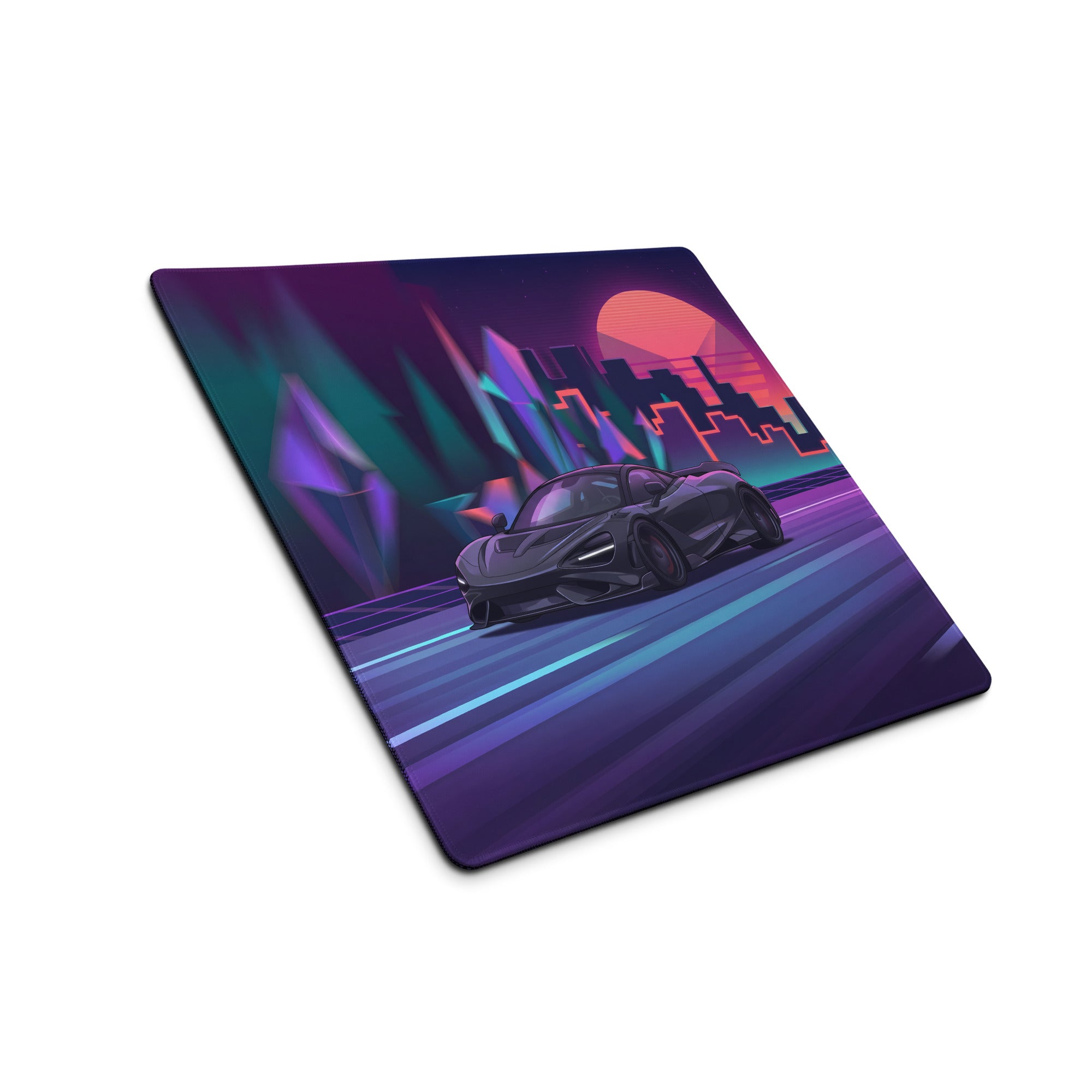 McLaren 765LT Inspired Purple Vaporwave Gaming Mouse Pad – Neon Sunset City Desk Mat, Retro Futuristic Supercar Digital Art with Crystal Forest