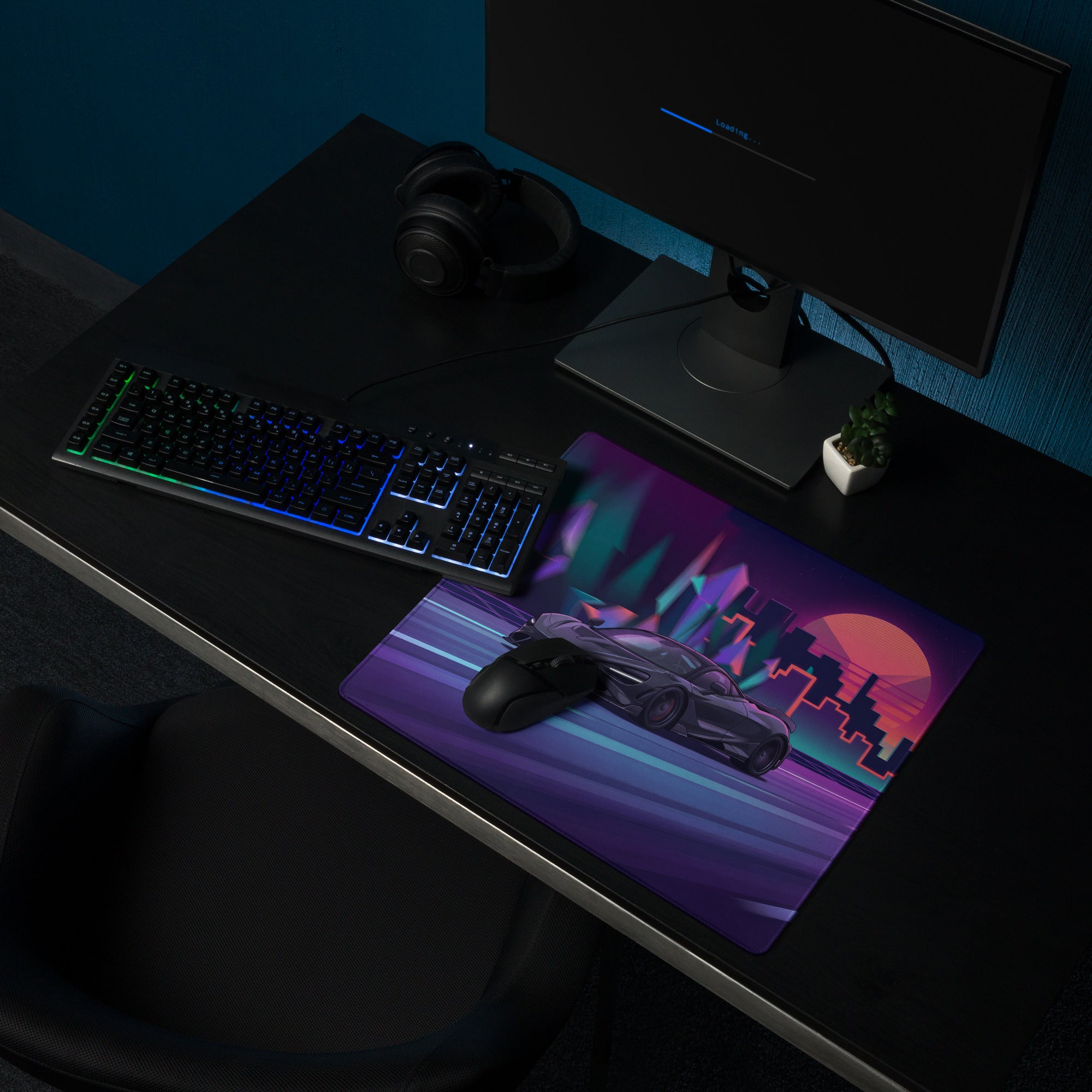 McLaren 765LT Inspired Purple Vaporwave Gaming Mouse Pad – Neon Sunset City Desk Mat, Retro Futuristic Supercar Digital Art with Crystal Forest