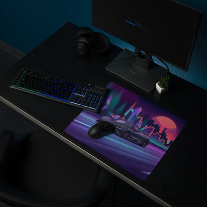 McLaren 765LT Inspired Purple Vaporwave Gaming Mouse Pad – Neon Sunset City Desk Mat, Retro Futuristic Supercar Digital Art with Crystal Forest