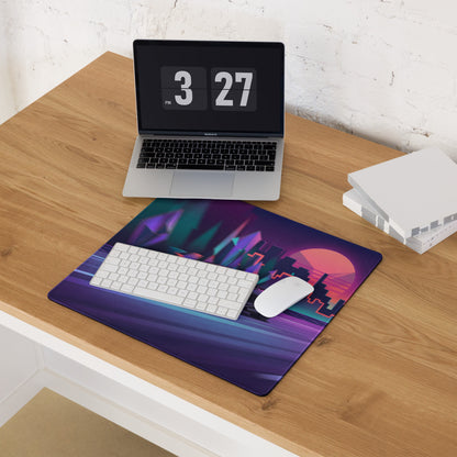 McLaren 765LT Inspired Purple Vaporwave Gaming Mouse Pad – Neon Sunset City Desk Mat, Retro Futuristic Supercar Digital Art with Crystal Forest