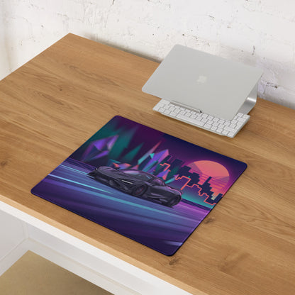 McLaren 765LT Inspired Purple Vaporwave Gaming Mouse Pad – Neon Sunset City Desk Mat, Retro Futuristic Supercar Digital Art with Crystal Forest