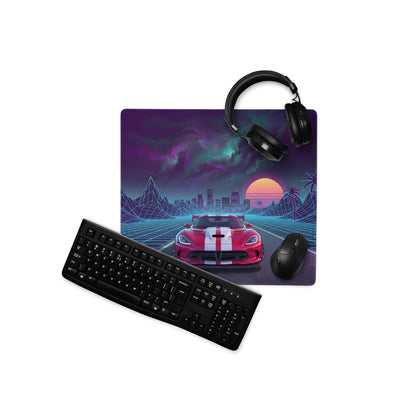 Dodge Viper ACR Inspired Red White Vaporwave Gaming Mouse Pad – Neon Grid Highway Desk Mat, Retro Futuristic City Sunset Supercar Digital Art