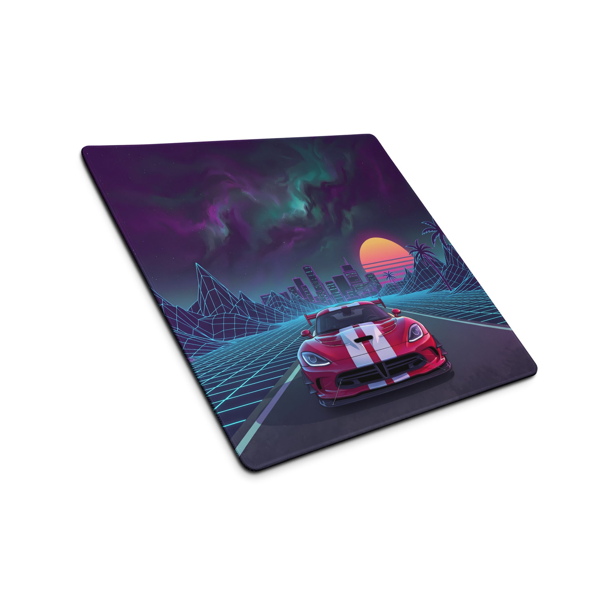 Dodge Viper ACR Inspired Red White Vaporwave Gaming Mouse Pad – Neon Grid Highway Desk Mat, Retro Futuristic City Sunset Supercar Digital Art