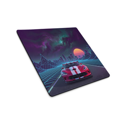 Dodge Viper ACR Inspired Red White Vaporwave Gaming Mouse Pad – Neon Grid Highway Desk Mat, Retro Futuristic City Sunset Supercar Digital Art