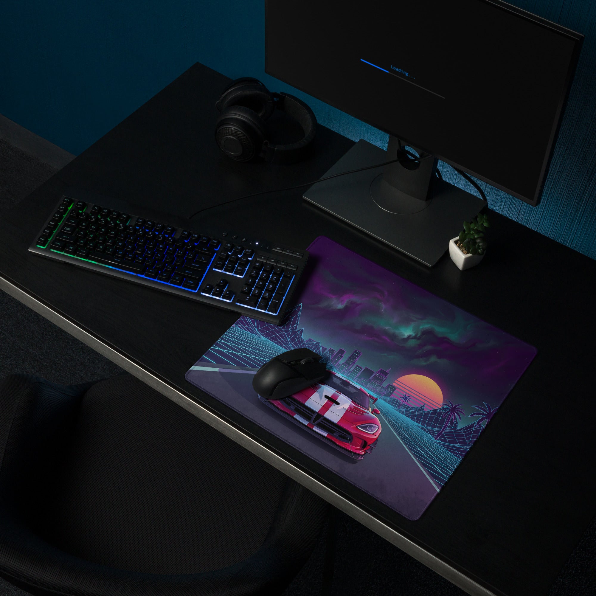 Dodge Viper ACR Inspired Red White Vaporwave Gaming Mouse Pad – Neon Grid Highway Desk Mat, Retro Futuristic City Sunset Supercar Digital Art