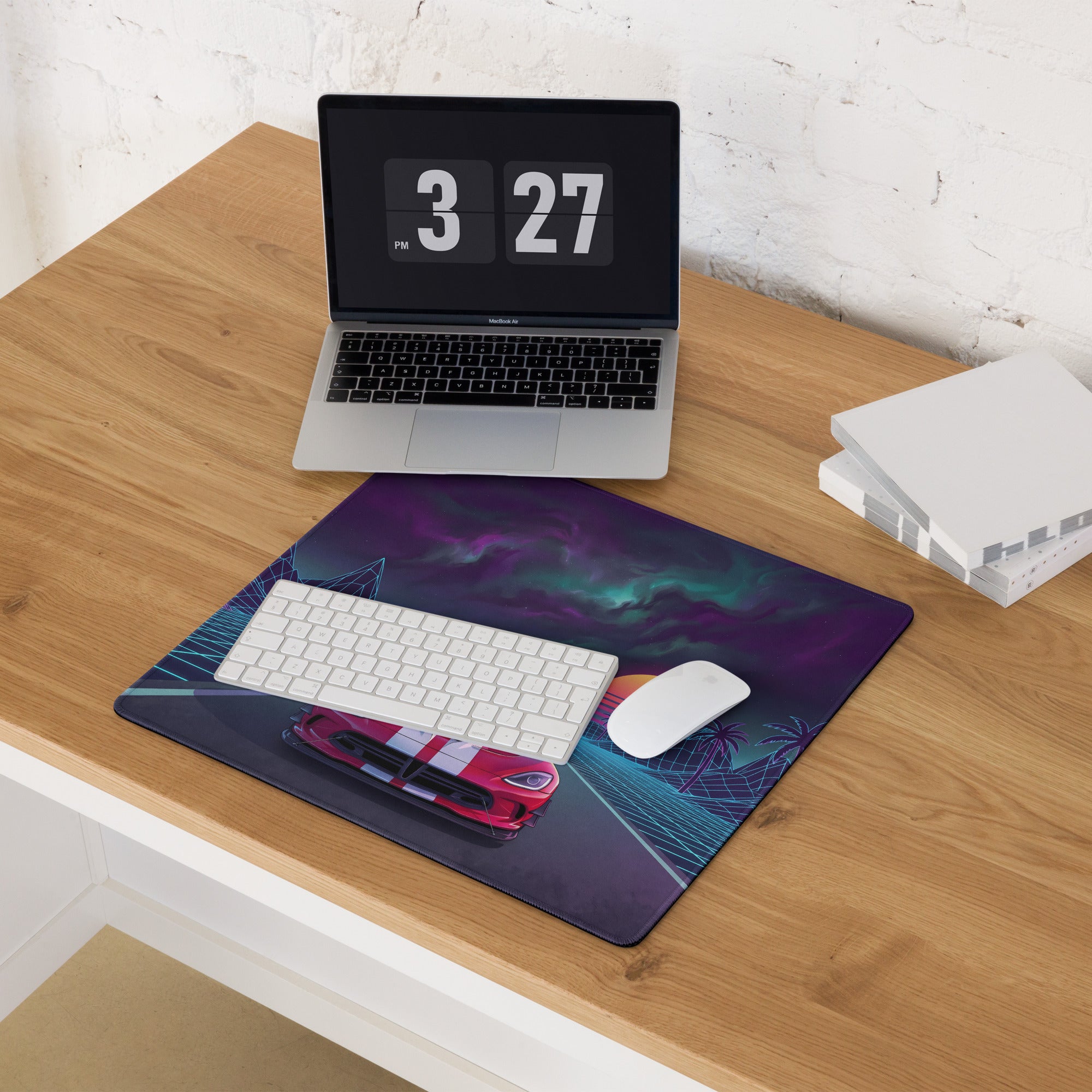 Dodge Viper ACR Inspired Red White Vaporwave Gaming Mouse Pad – Neon Grid Highway Desk Mat, Retro Futuristic City Sunset Supercar Digital Art
