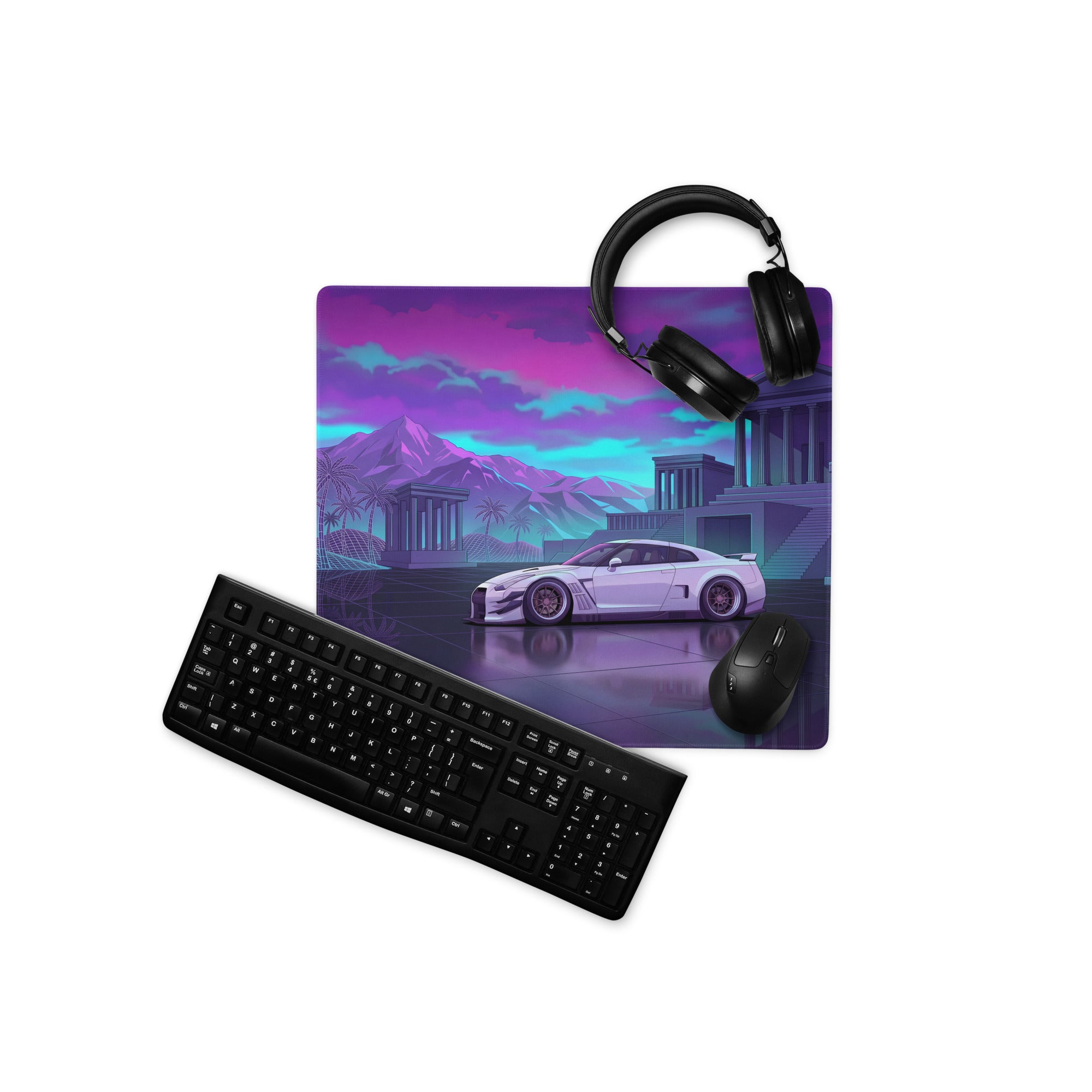 Nissan GT-R R35 Inspired White Purple Vaporwave Gaming Mouse Pad – Neon Palace Desk Mat, Retro Futuristic JDM Supercar Digital Art with Palm Trees