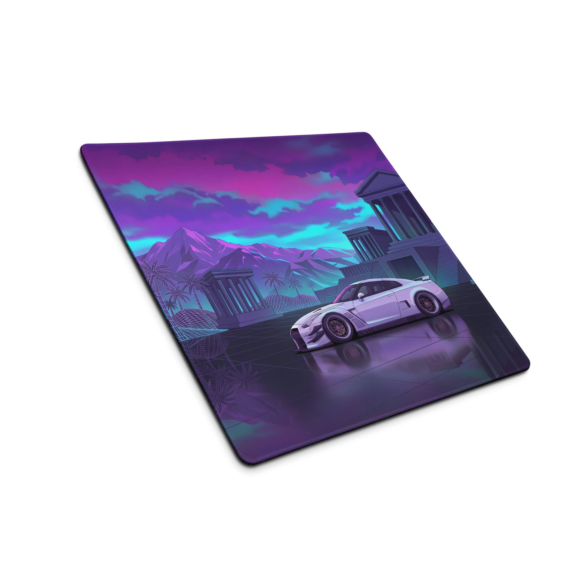 Nissan GT-R R35 Inspired White Purple Vaporwave Gaming Mouse Pad – Neon Palace Desk Mat, Retro Futuristic JDM Supercar Digital Art with Palm Trees
