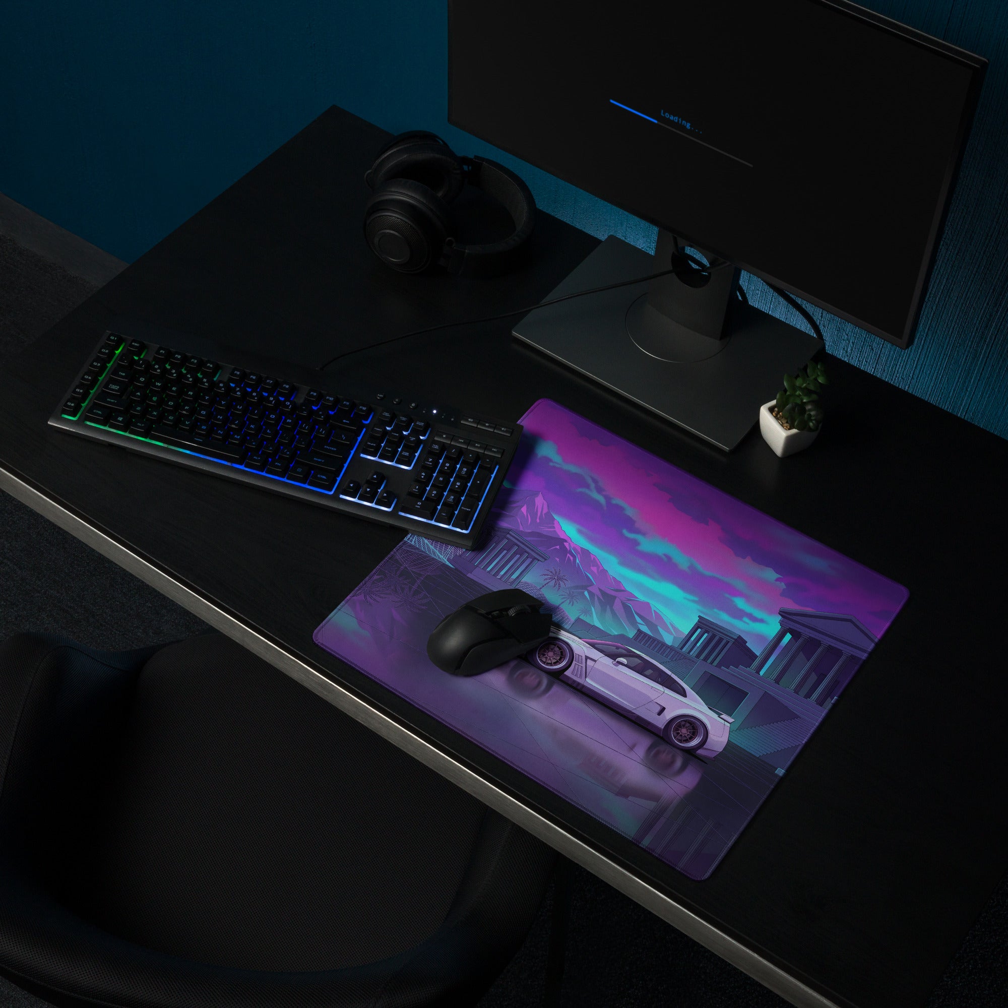 Nissan GT-R R35 Inspired White Purple Vaporwave Gaming Mouse Pad – Neon Palace Desk Mat, Retro Futuristic JDM Supercar Digital Art with Palm Trees