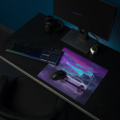 Nissan GT-R R35 Inspired White Purple Vaporwave Gaming Mouse Pad – Neon Palace Desk Mat, Retro Futuristic JDM Supercar Digital Art with Palm Trees