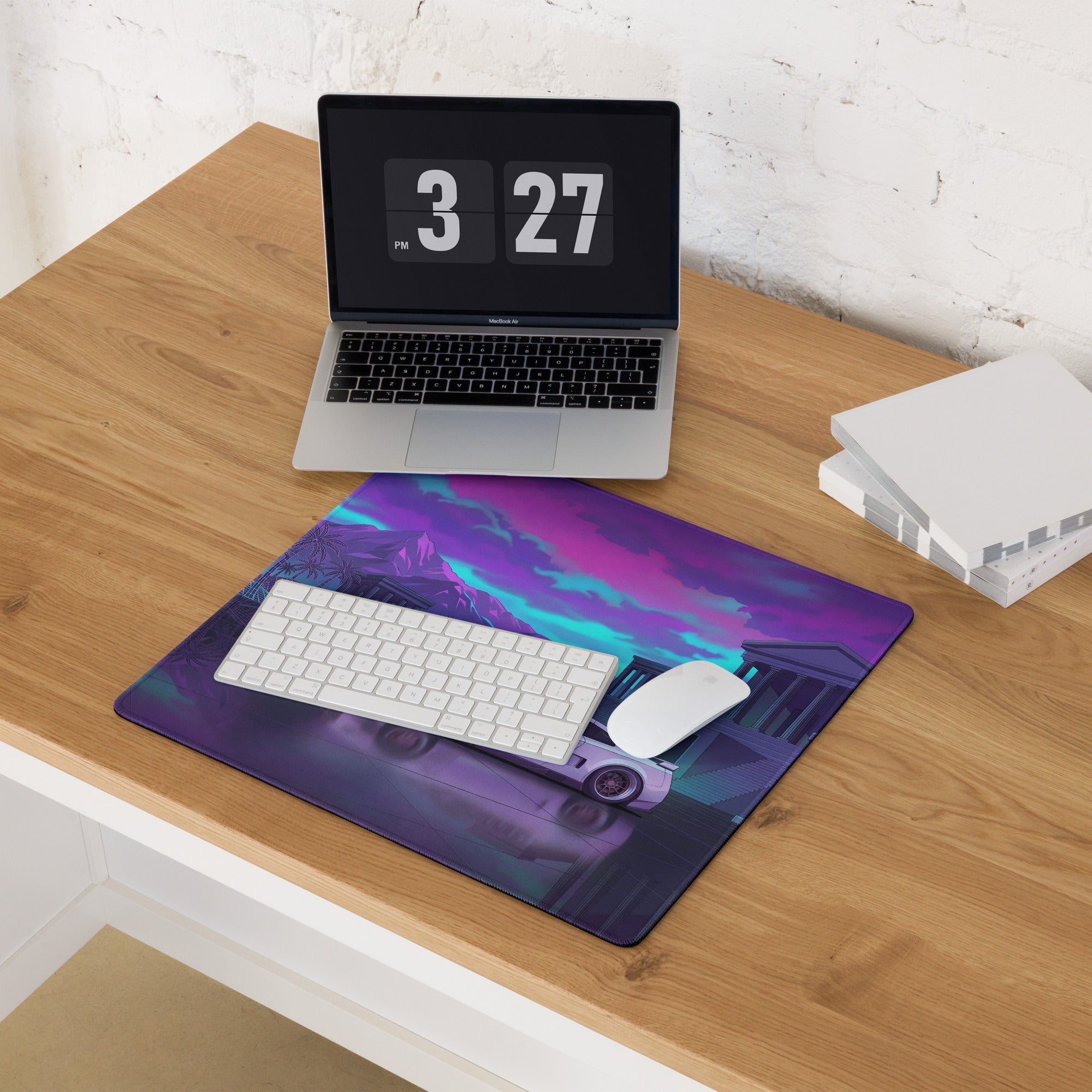 Nissan GT-R R35 Inspired White Purple Vaporwave Gaming Mouse Pad – Neon Palace Desk Mat, Retro Futuristic JDM Supercar Digital Art with Palm Trees