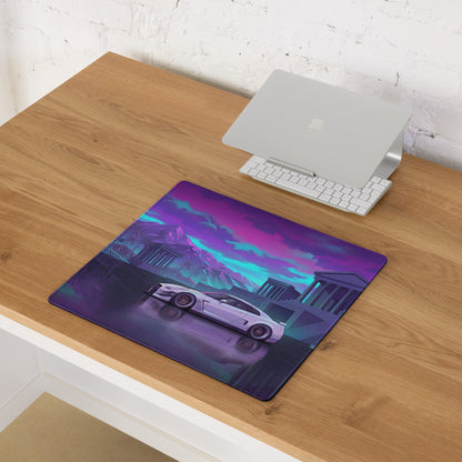 Nissan GT-R R35 Inspired White Purple Vaporwave Gaming Mouse Pad – Neon Palace Desk Mat, Retro Futuristic JDM Supercar Digital Art with Palm Trees