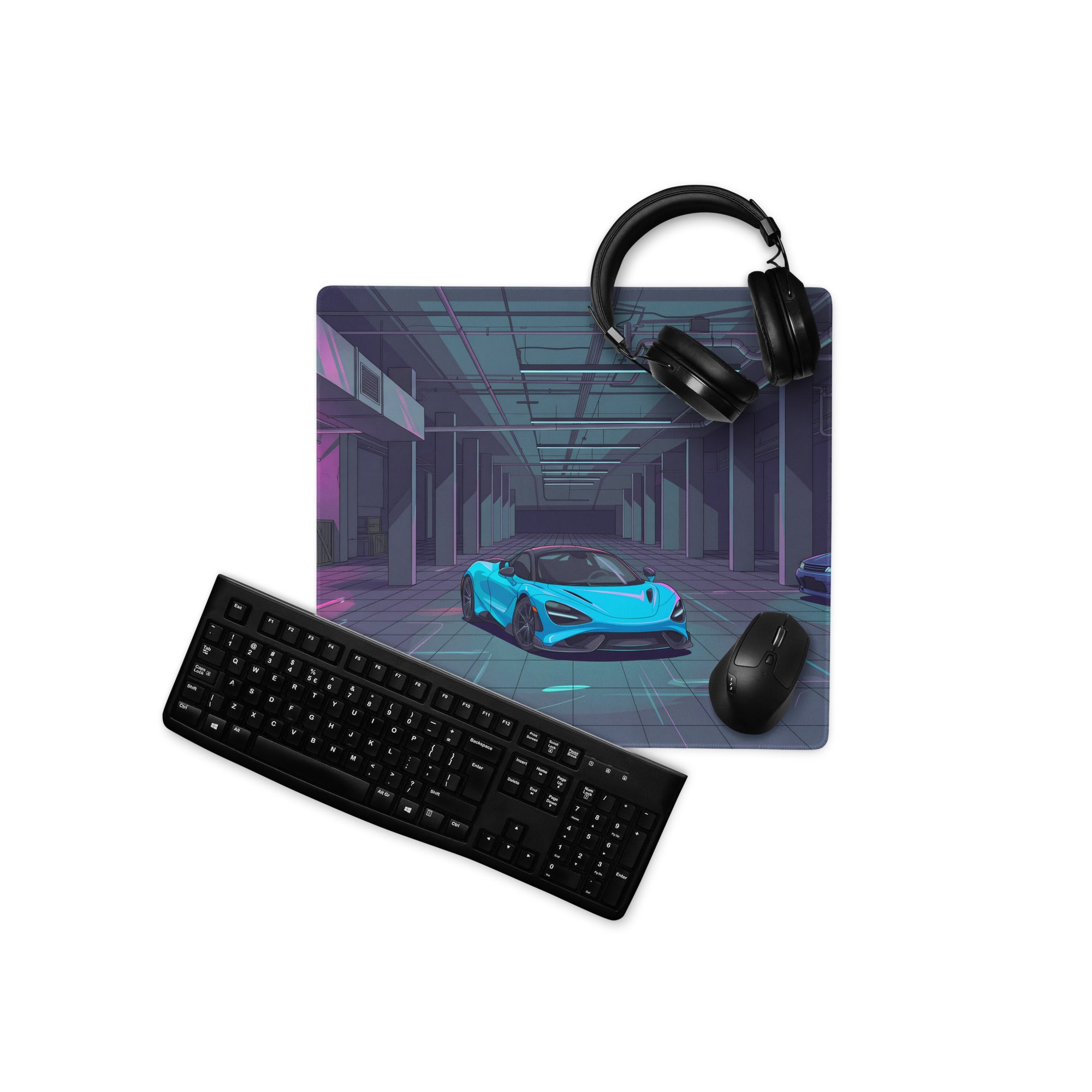 McLaren 765LT Inspired Cyan Blue Vaporwave Gaming Mouse Pad – Neon Underground Garage Desk Mat, Retro Futuristic Supercar and JDM Digital Art