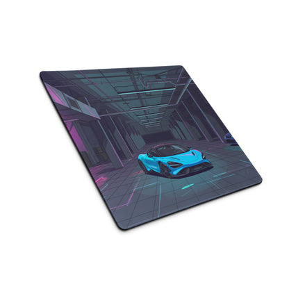 McLaren 765LT Inspired Cyan Blue Vaporwave Gaming Mouse Pad – Neon Underground Garage Desk Mat, Retro Futuristic Supercar and JDM Digital Art