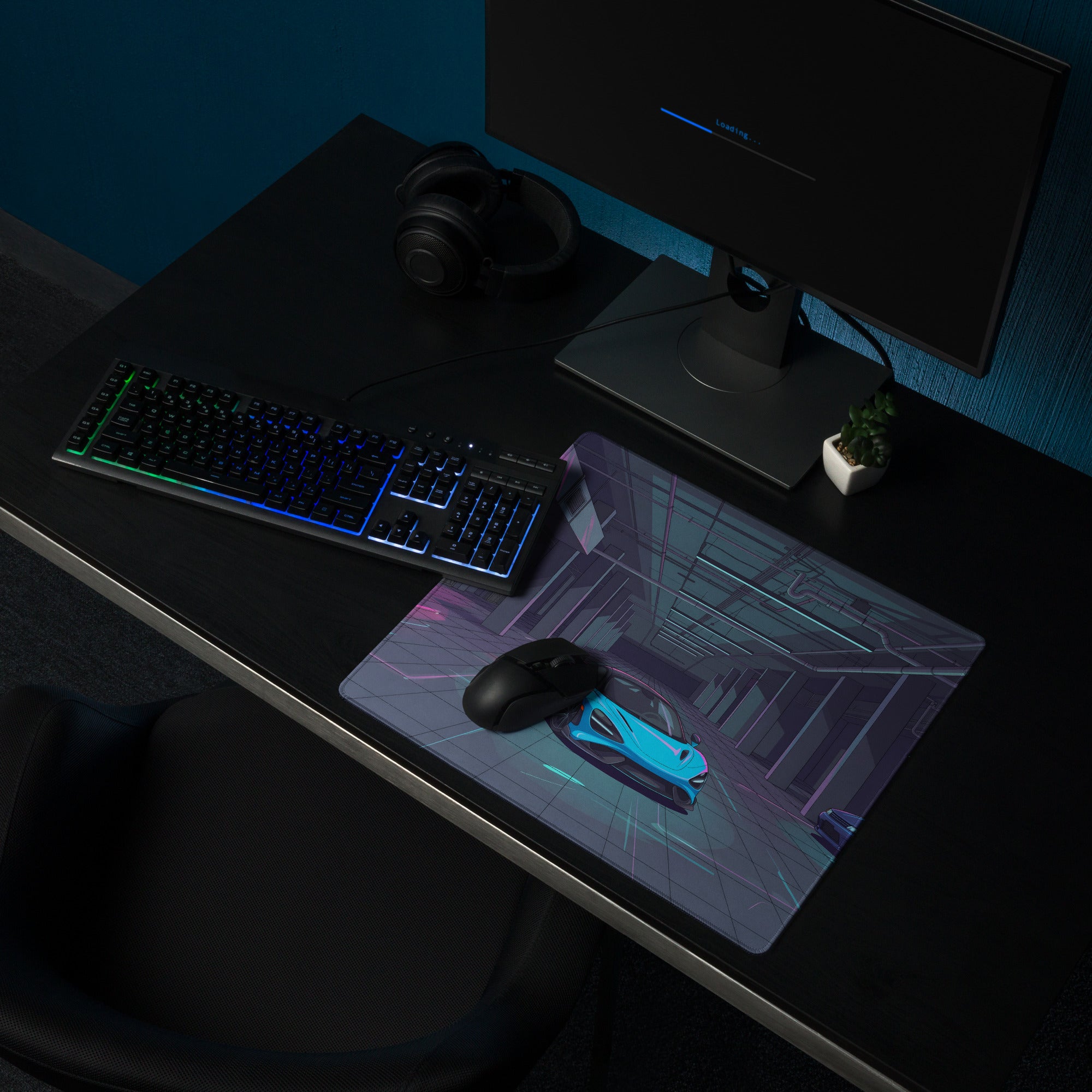 McLaren 765LT Inspired Cyan Blue Vaporwave Gaming Mouse Pad – Neon Underground Garage Desk Mat, Retro Futuristic Supercar and JDM Digital Art