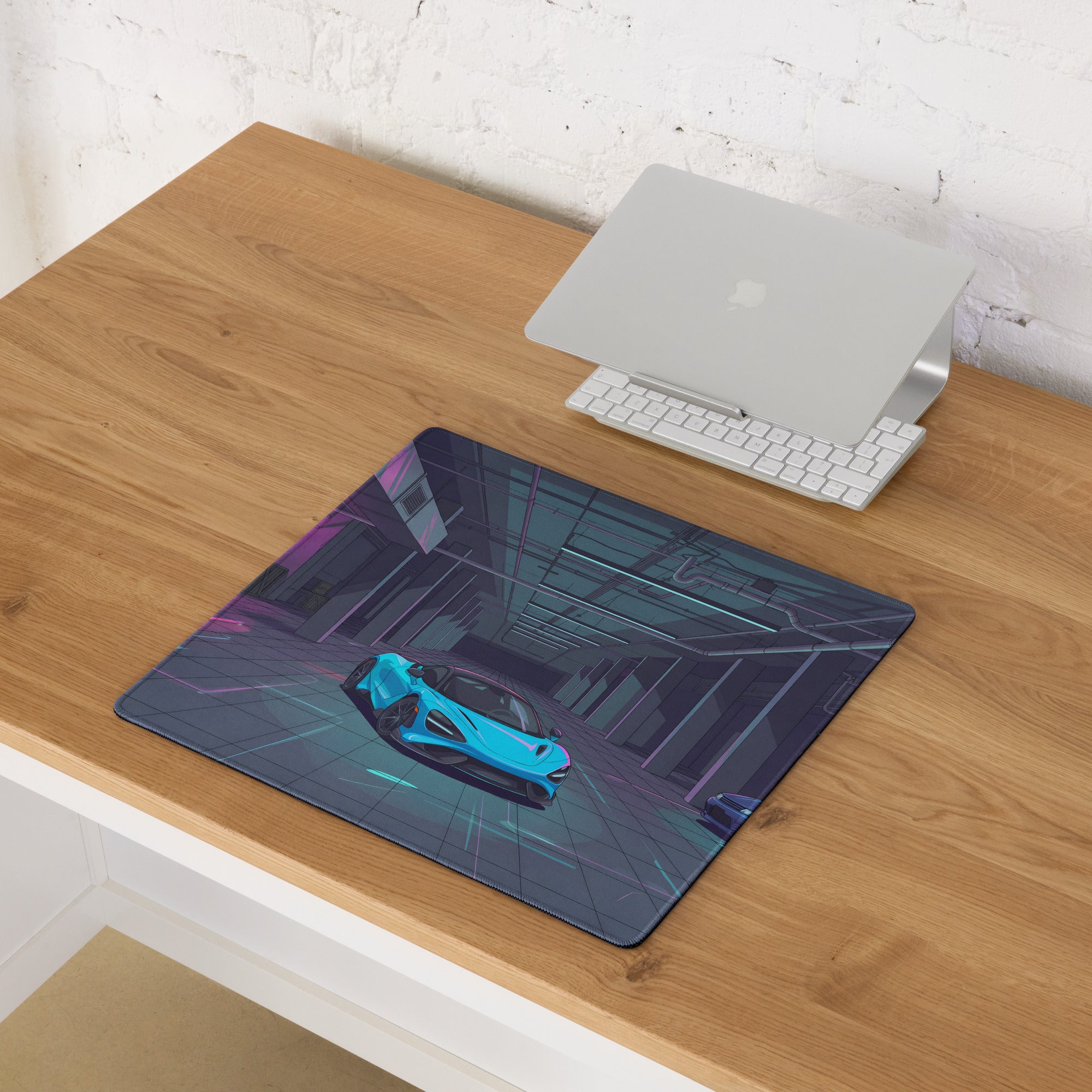 McLaren 765LT Inspired Cyan Blue Vaporwave Gaming Mouse Pad – Neon Underground Garage Desk Mat, Retro Futuristic Supercar and JDM Digital Art