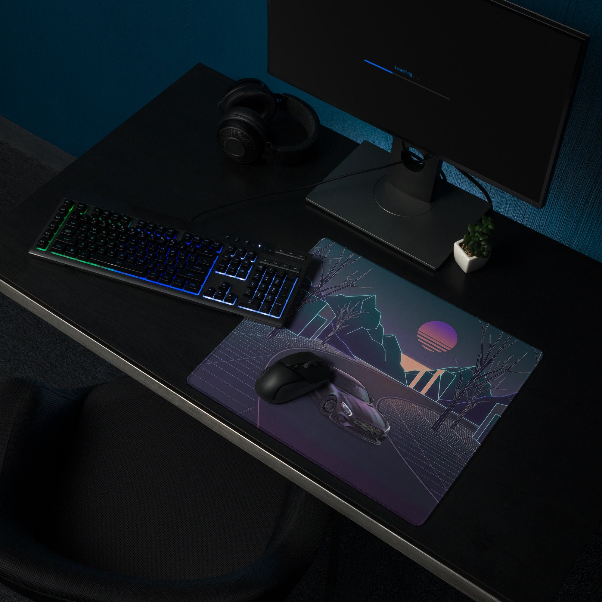 Mercedes-AMG GT Black Series Inspired Gray Vaporwave Gaming Mouse Pad – Neon Grid Forest Desk Mat, Retro Futuristic Supercar Sunset Digital Art
