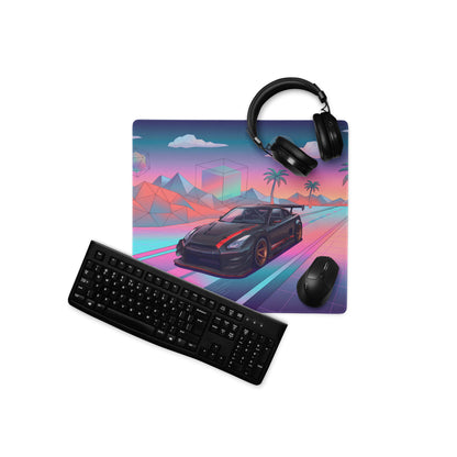 Nissan GT-R R35 Inspired Black Red Vaporwave Gaming Mouse Pad – Neon Pink Cyan Highway Desk Mat, Retro Futuristic JDM Supercar Digital Art