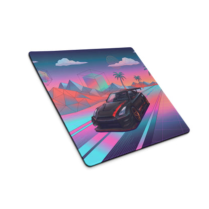 Nissan GT-R R35 Inspired Black Red Vaporwave Gaming Mouse Pad – Neon Pink Cyan Highway Desk Mat, Retro Futuristic JDM Supercar Digital Art