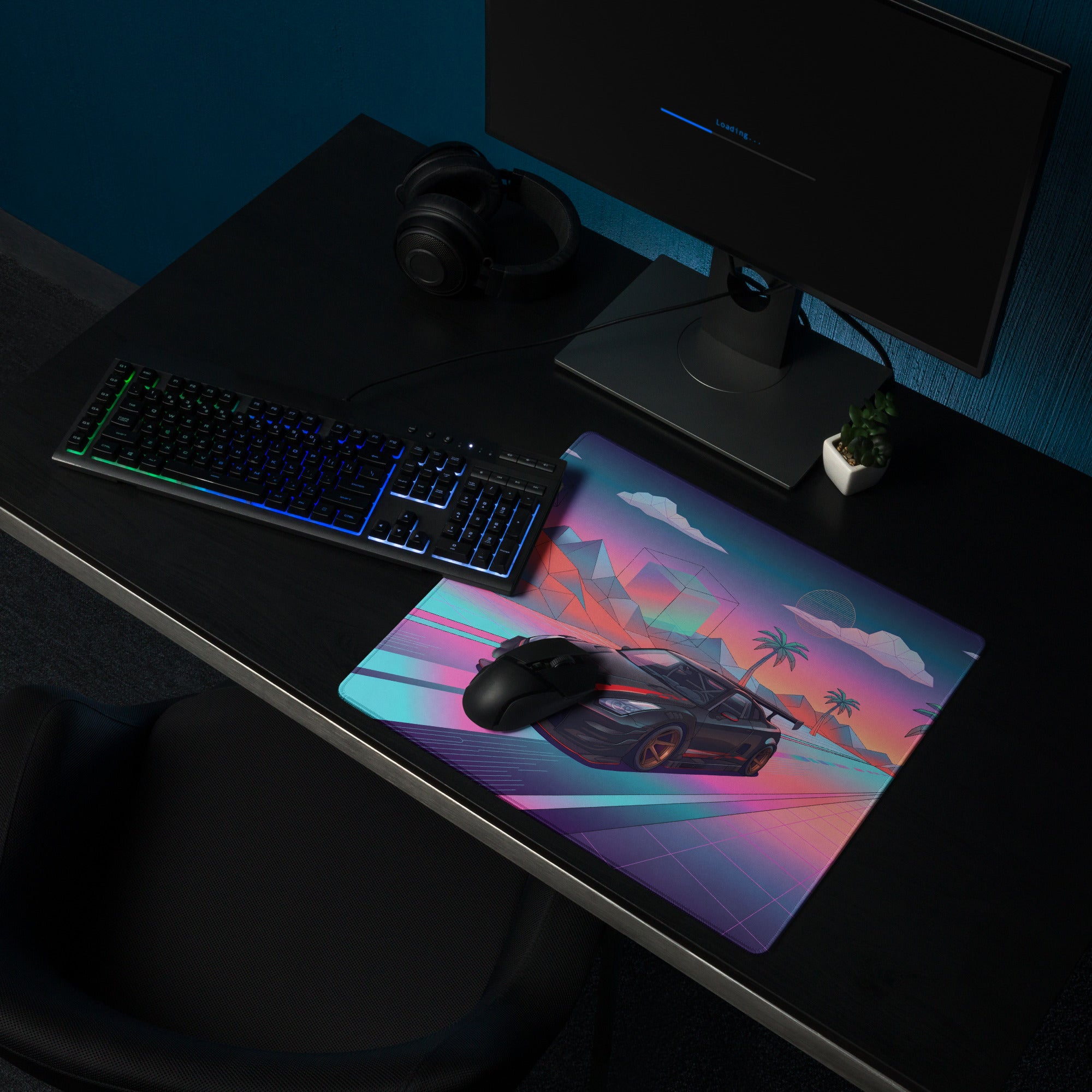 Nissan GT-R R35 Inspired Black Red Vaporwave Gaming Mouse Pad – Neon Pink Cyan Highway Desk Mat, Retro Futuristic JDM Supercar Digital Art