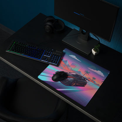 Nissan GT-R R35 Inspired Black Red Vaporwave Gaming Mouse Pad – Neon Pink Cyan Highway Desk Mat, Retro Futuristic JDM Supercar Digital Art