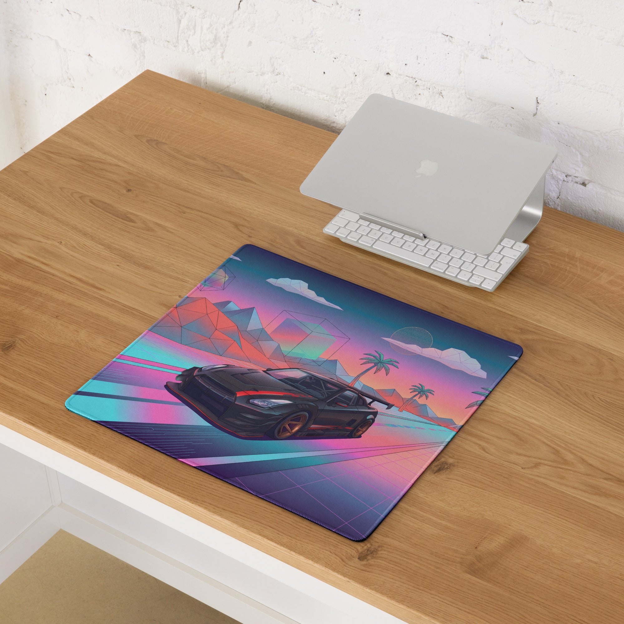 Nissan GT-R R35 Inspired Black Red Vaporwave Gaming Mouse Pad – Neon Pink Cyan Highway Desk Mat, Retro Futuristic JDM Supercar Digital Art
