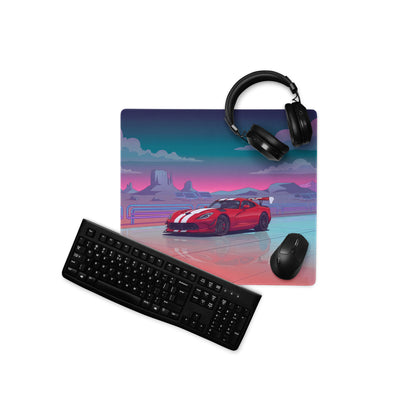 Dodge Viper ACR Inspired Red White Vaporwave Gaming Mouse Pad – Neon Desert Raceway Desk Mat, Retro Futuristic Supercar Sunset Digital Art