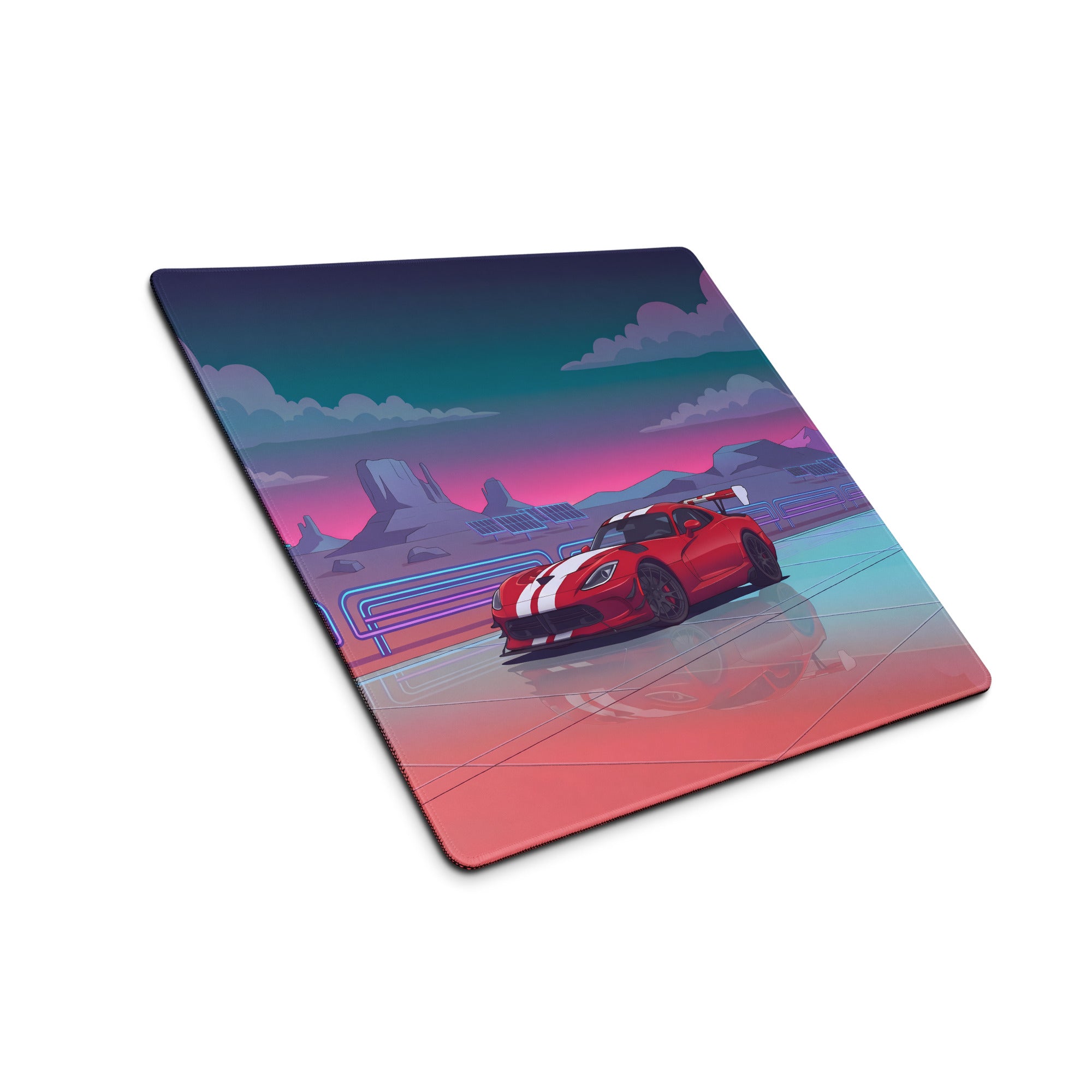 Dodge Viper ACR Inspired Red White Vaporwave Gaming Mouse Pad – Neon Desert Raceway Desk Mat, Retro Futuristic Supercar Sunset Digital Art